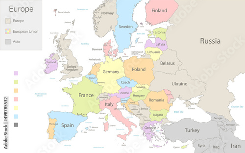 Map of Europe with European Union and parts of Asia divided to separates states vector