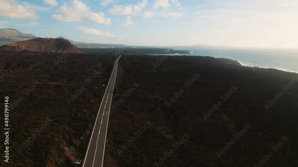 Drone point of view Timanfaya National Park rocky volcanic natural landscape. Canary Islands, Lanzarote, Spain. Travel destinations and touristic famous places concept