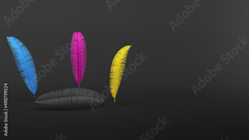 Set of colorful feathers with CMYK color on grey background with copy space to insert text, graphic design concept, 3D illustration (ID: 498799524)