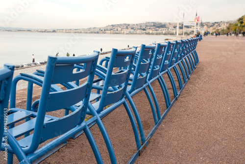 The blue chairs on the Promenade des Anglais in Nice, France