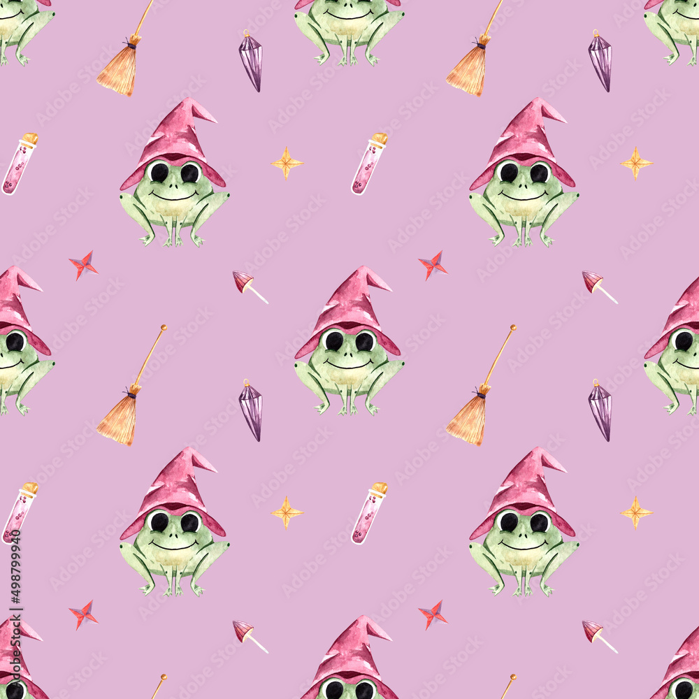 Obraz premium Seamless watercolor pattern with Halloween elements, a frog in a witch's hat, a magic amulet, a broom. Festive pattern for design, printing, postcards, fabrics, gifts