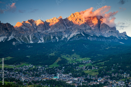 Colorful sunset over the town of Cortina d'Ampezzo, Dolomites, Italy