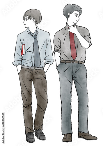 スーツを着て並んで立っている男性の、マンガ風手描き水彩イラスト（同性パートナーやビジネスシーンに）