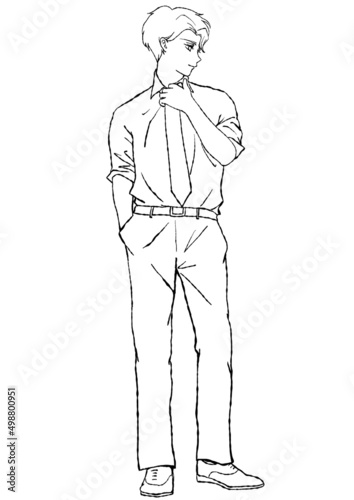 腕まくりをしてネクタイに手を掛ける笑顔の男性の、マンガ風手描き水彩イラスト（線画）