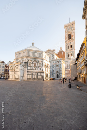 Morning view on empty Cathedral square with famous Santa Maria del Fiore church in Florence, usually very crowded here. Travel Italian landmarks and famous places