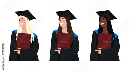 Student smiling on graduation day. Flat style female. Vector illustration.