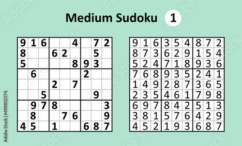 Sudoku game with answers. Medium complexity. Simple vector