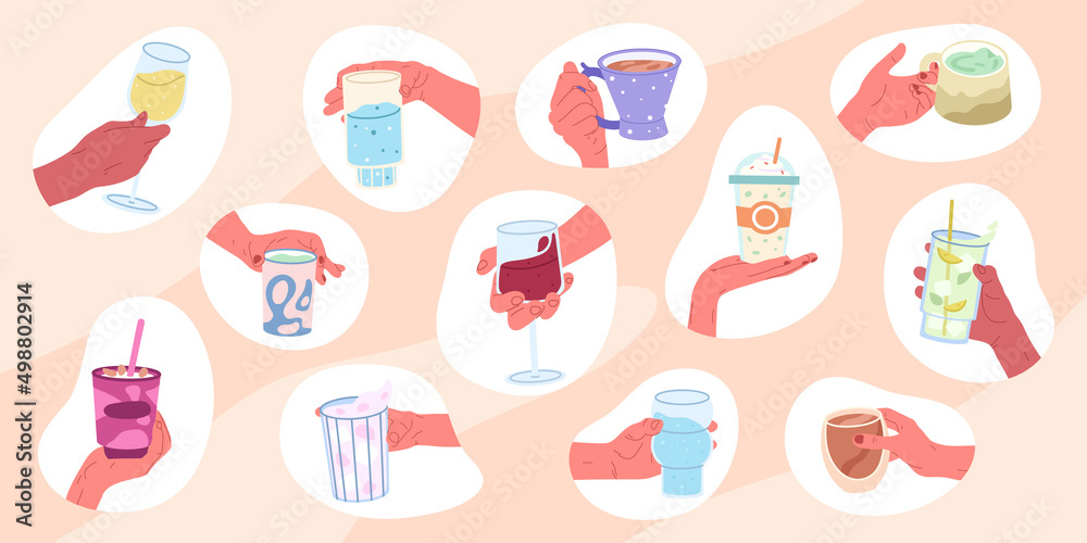 Coffee mug in hands, hot tea cup, glass of wine and water. Hands holding coffee, matcha, tea and wine cups and glasses. Cartoon vector symbols illustrations set