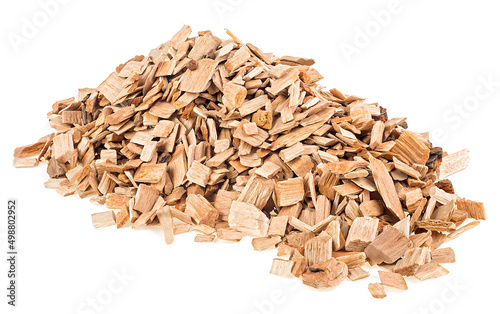 Pile of wood chips isolated on a white background. Wood chips for smoking, BBQ or recycle.
