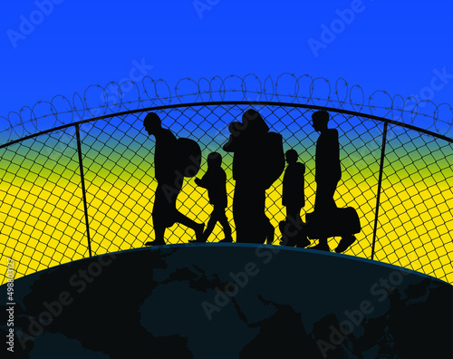 Ukraine Refugee day concept Vector Illustration. World refugee day campaign poster or awareness poster template. Ukraine Refugees near barbed wire fence. 