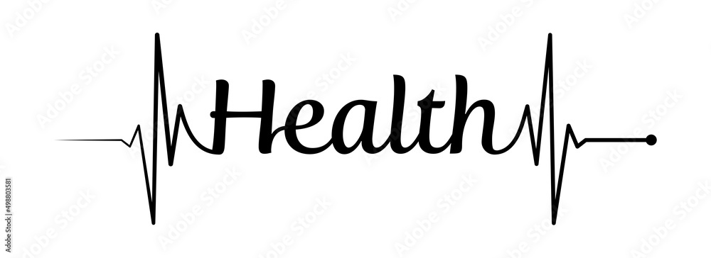 Health text design with ecg, ekg line isolated on white background. Healthy heart symbol to use in health industry, cardiology, medical care, hospital, health science projects.