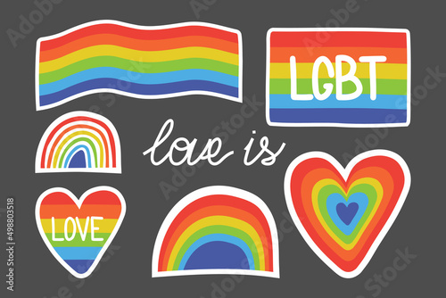 Vector set of lgbt rainbow icons and symbols. Stripes on jackets, stickers, badges, printing on bags. Hand drawing rainbow heart shape, lettering text lgbt, happy pride day, fridge magnets.