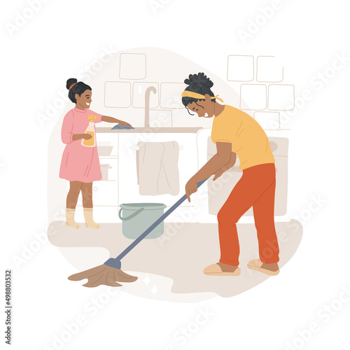 Washing the floor isolated cartoon vector illustration. Family member washing with a mop, child helping parents with housework, weekly house cleaning, tidy apartment together vector cartoon.