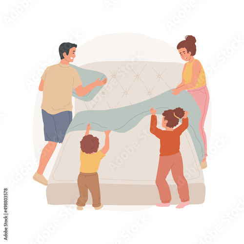 Making bed isolated cartoon vector illustration. Parents and kids making bed together, having fun, holding a blanket, organize bedroom, put pillows, family daily routine vector cartoon.