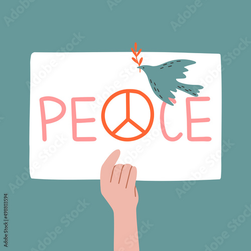Dove of Peace bird hand cartoon style. International Day of Peace, traditionally celebrated annually. Hand with a peace poster, nonviolence vector.