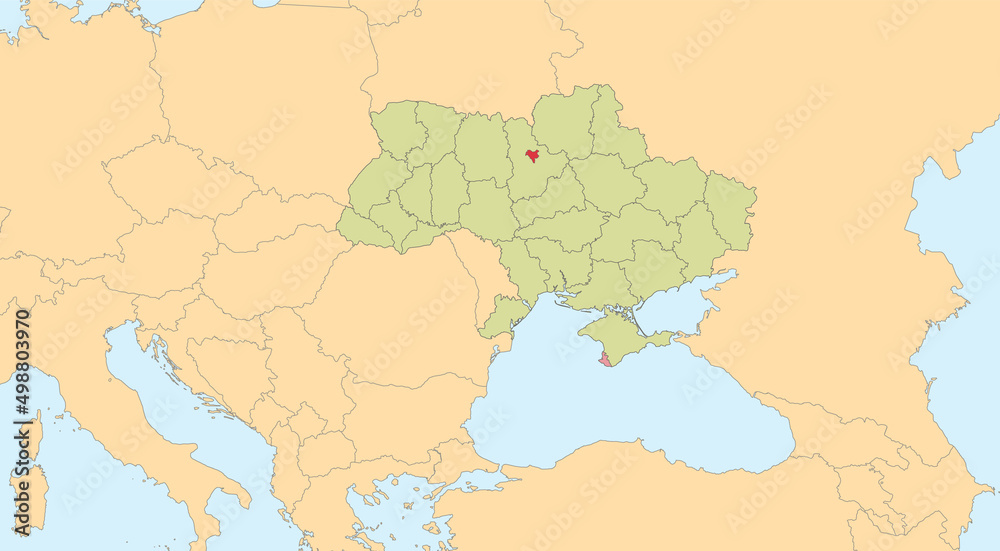 Ukraine map with individual regions and capital city, with individual neighboring states, classic color map, blank