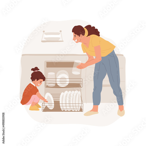 Load the dishwasher isolated cartoon vector illustration. Kid helping mom in the kitchen, loading dishwasher together, family daily routine, cleaning dishes, engage in housework vector cartoon.