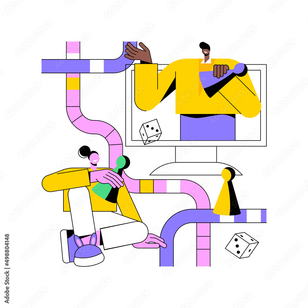 Online board gaming abstract concept vector illustration. Internet entertainment, laptop screen, play strategy game, family leisure time, playing app, quarantine fun, isolation abstract metaphor.