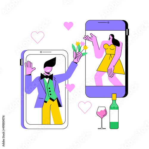 Online dating abstract concept vector illustration. Romantic relationship, digital application, couple match, social media profile, girlfriend search, web camera date, valentine abstract metaphor.