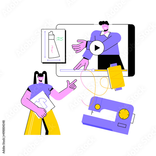 Sewing classes abstract concept vector illustration. Handicraft hobby, tailor machine, handmade clothing, DIY online video tutorial, fashion collection design, needlework abstract metaphor.