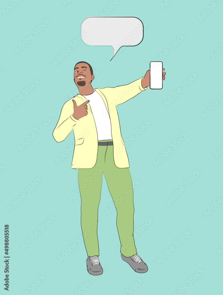 vector image of excited guy holding big smartphone with white blank screen in hand vector image of excited guy holding big smartphone with white blank screen in hand
