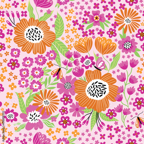Garden flower, plants, botanical, seamless pattern vector design for fashion, fabric, wallpaper and all prints. Cute pattern in small flower. Small colorful flowers. © Angelina De Sol