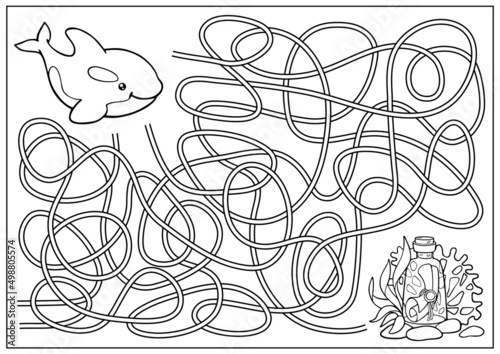 Maze game and labyrinth for children. Kids riddle and coloring book find way for sea fish. Education activity page and worksheet. Cartoon vector illustration of cute killer whale.