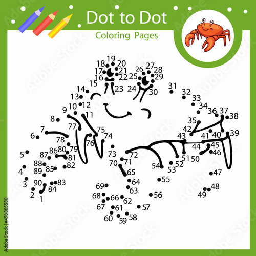 Game dot to dot. Connect drawing by numbers of crab. Kids activity page with riddle and coloring book. Children vector printable education worksheet.