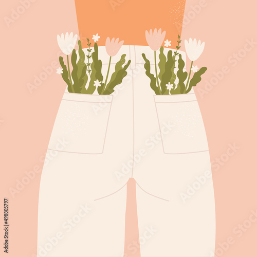 Girl with a naked back in white jeans with flowers in her pockets. Back view. Summer bouquet aesthetic. Modern floral vector illustration in cartoon style. Isolated pink background.