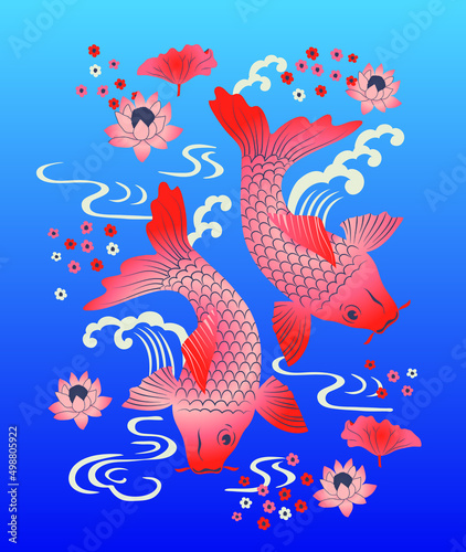 Vector print design for kids with red fishes and lotus flowers theme. Can be used for baby, kid, t-shirt print, kids clothing, poster, wallpaper, celebration, greeting card and invitation.