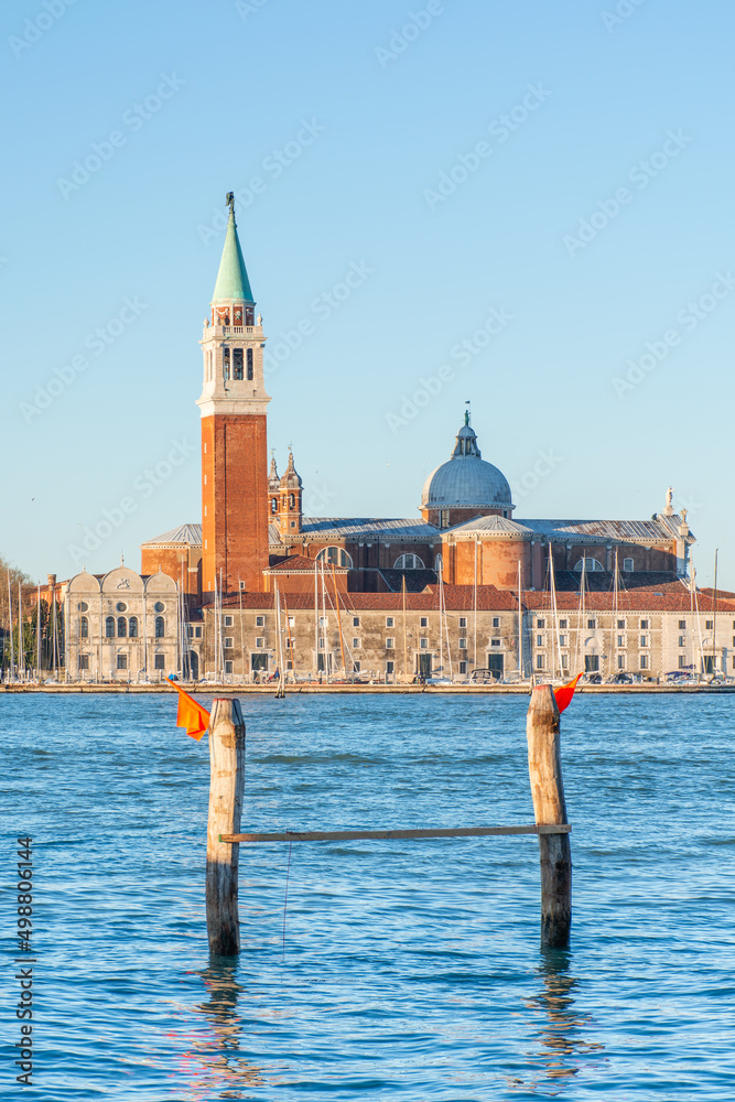 Italy, cathedral in Venice, on the island of San Giorgio Maggiore, morning cityscape