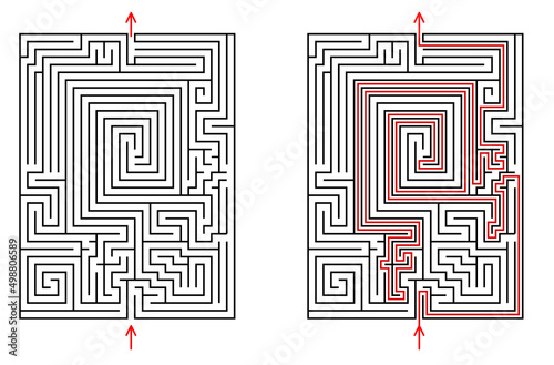 Vector rectangular labyrinth with entry and exit. Difficulty level - hard. Maze with solution - red passing route. Children logic game for brain training isolated on white background.
