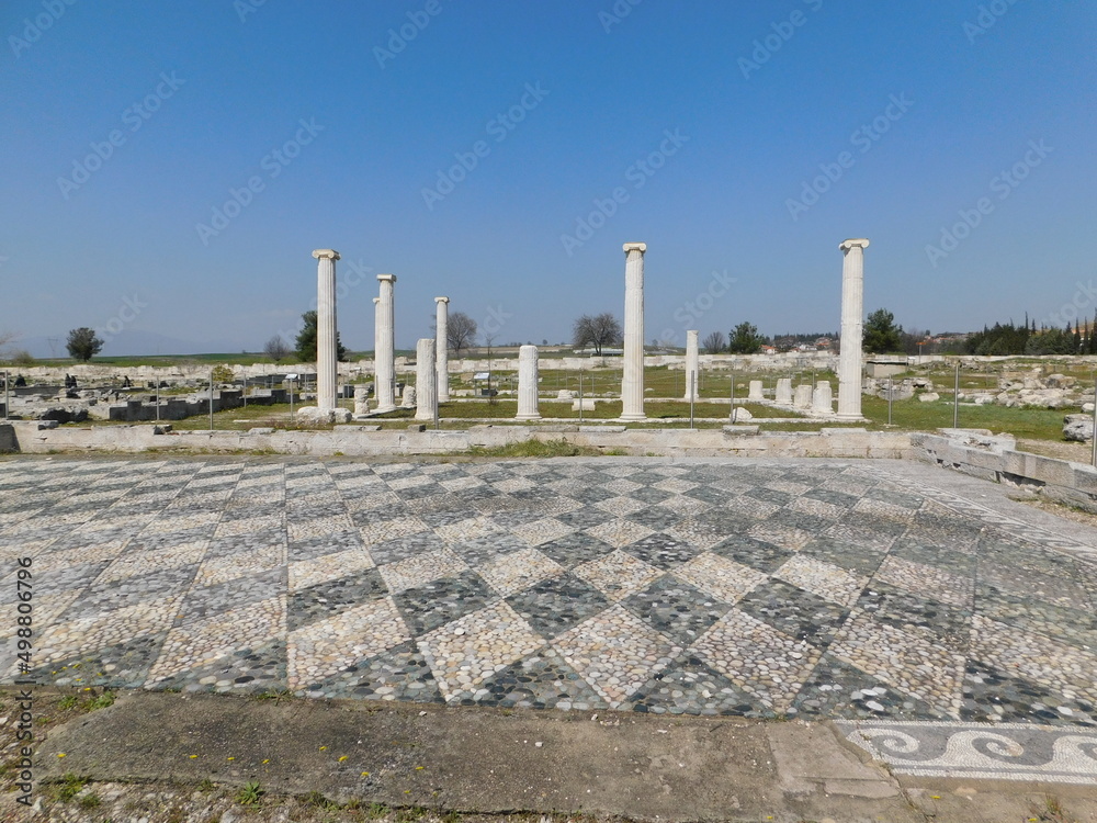 Fototapeta premium Ruins of an ancient mosaic floor and a house, at Pella, Macedonia, Greece