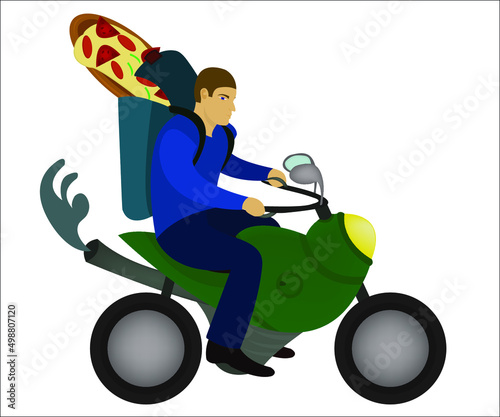 A man driving on a green motorcycle with a pizza in a bag.  This logotype can be used as a logo for pizza business companies. Vector illustration, isolated.