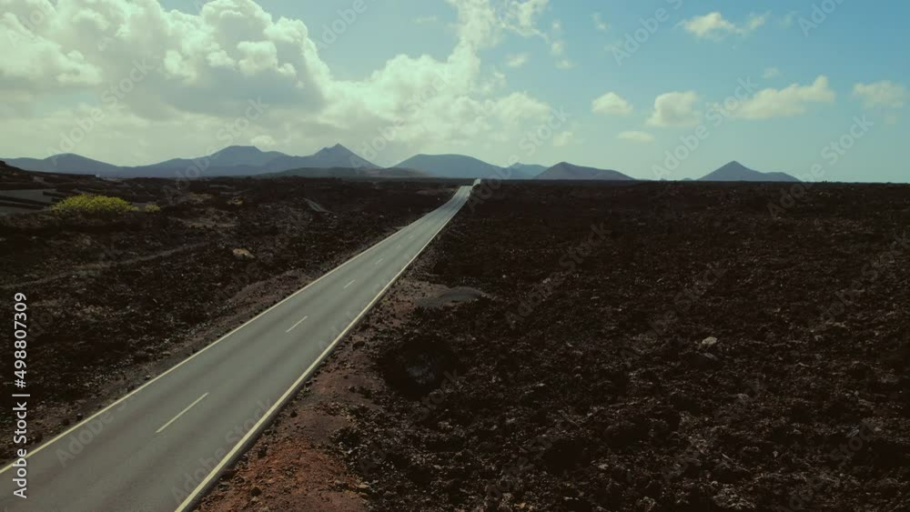 Drone point of view Timanfaya National Park rocky volcanic natural landscape. Canary Islands, Lanzarote, Spain. Travel destinations and touristic famous places concept