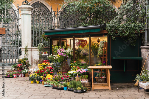 flower shop in old street in Venice, Italy