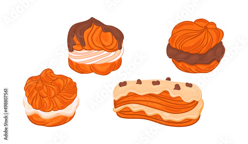 Choux pastry set.Baked flour dessert with cream and fondant drawn in cartoon.Food icons isolated on white background.Realistic vector illustration for design card,poster,printing on fabric and paper.
