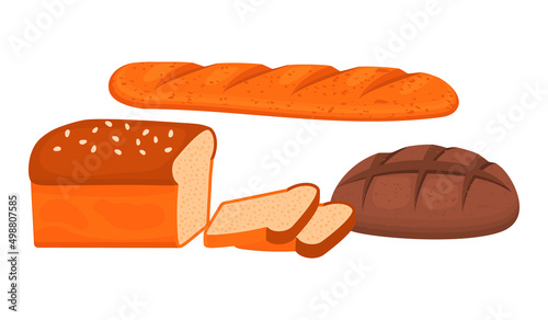 Three types of bread made from wheat and rye flour.Bakery products icon set drawn in cartoon style isolated on white background.Realistic vector illustration for design card,poster.