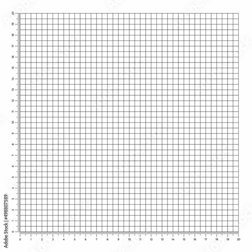 Vector illustration of corner rulers from 0 to 20 cm isolated on white background. Blue plotting graph paper grid. Vertical and horizontal measuring scales. Millimeter graph paper grid template.