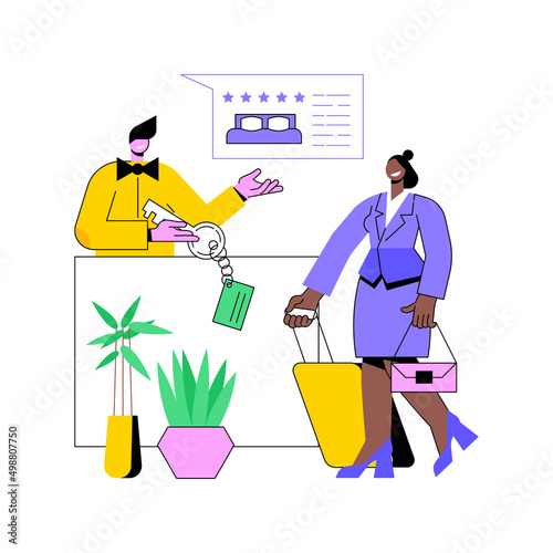 Hospitality management abstract concept vector illustration. Hotel business processes, resort management system, accommodation manager, customer service, travel office, lobby abstract metaphor.