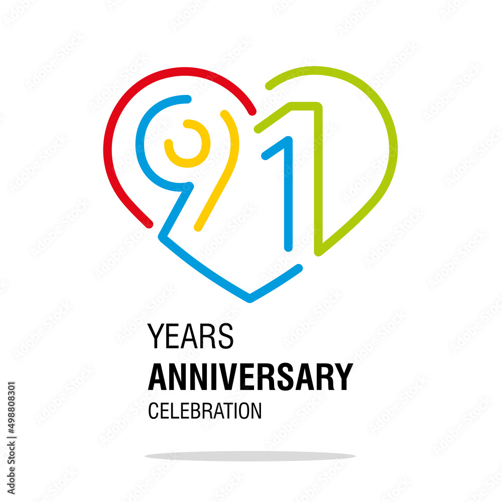 91 years anniversary celebration decoration colorful number bounded by a loving heart modern love line design logo icon white background