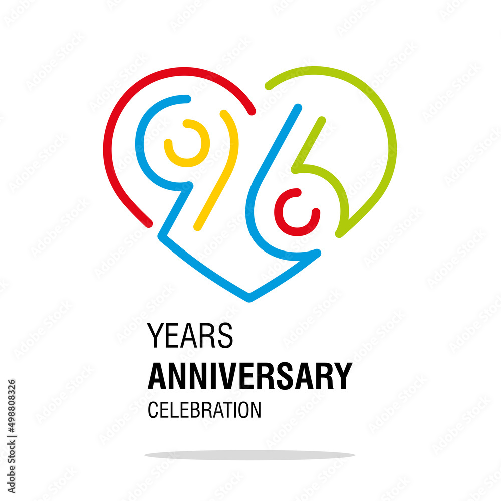 96 years anniversary celebration decoration colorful number bounded by a loving heart modern love line design logo icon white background