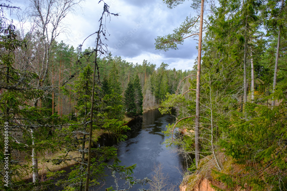View to the river Salaca from high sandstone cliff in Skanaiskalns Nature park in April in Mazsalaca in Latvia. View to the river Salaca from high sandstone cliff in Skanaiskalns Nature park in April in Mazsalaca in Latvia.