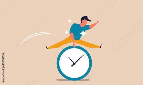 Office time clock and happy businessman. Busy man and deadline. Project schedule and hand plan vector illustration concept. Business character career and jump worker. Confident employee people