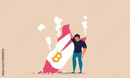 Bitcoin down and crypto currency price exchange. Rocket btc fall with volatility investment vector illustration concept. Commerce collapse and stock money reduction. Virtual trade blockchain fail