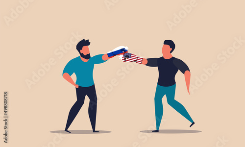 Usa vs russia and sanctions war. Country negotiation and impose duty. Imports trade conflict vector illustration concept. International price fight and american business. Punch dollar and economic
