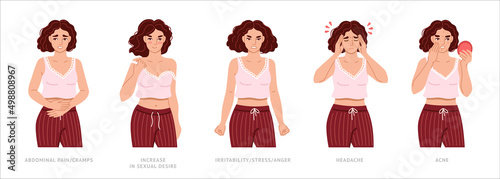 Pms symptoms and menstrual pain. Abdominal pain, headache, irritation, mood swings, sexual desire and acne. Set of women suffering from premenstrual syndrome. Hand drawn flat vector illustration