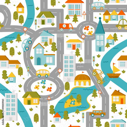 Color map town. Children's game board. Flat vector seamless pattern.