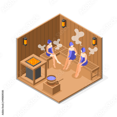Steam Room In Bathhouse Isometric Background