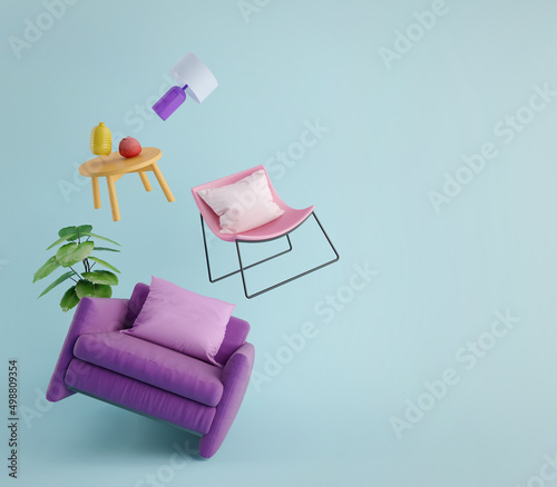 Fotografie Furniture flying in blue background